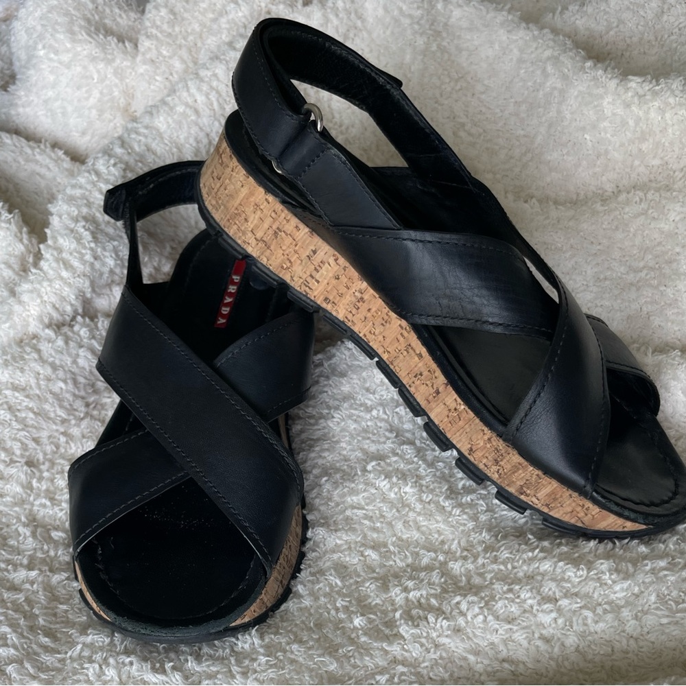 Vintage PRADA 38 Black Leather Sandals